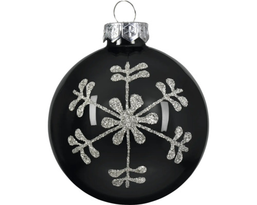 Christbaumkugel in Schwarz mit einem silbernen Glitzer-Schneeflocken-Motiv und silberner Kappe zum Aufhängen.