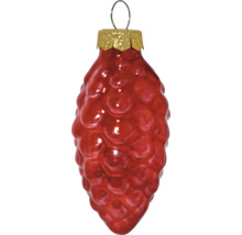 Christbaumschmuck Zapfen aus Glas in Rot glänzend mit goldfarbener Kappe und Aufhänger.