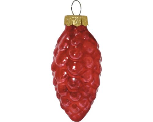 Christbaumschmuck Zapfen aus Glas in Rot glänzend mit goldfarbener Kappe und Aufhänger.