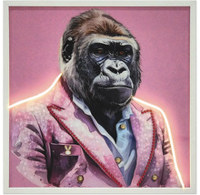 Wandbild mit Gorilla im Anzug, LED-Beleuchtung und weißem Rahmen.