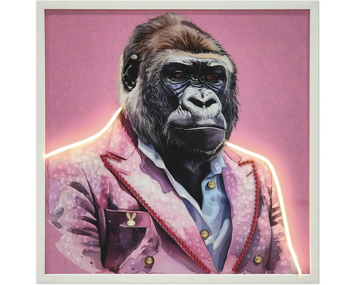 Wandbild mit Gorilla im Anzug, LED-Beleuchtung und weißem Rahmen.