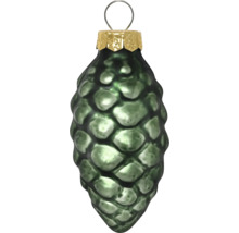 Weihnachtsanhänger Zapfen aus Glas in Grün mit goldener Kappe und Aufhängung.