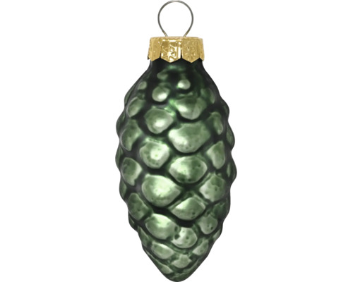 Weihnachtsanhänger Zapfen aus Glas in Grün mit goldener Kappe und Aufhängung.
