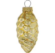 Goldfarbener Christbaumschmuck in Form eines Zapfens aus Glas mit Aufhänger.