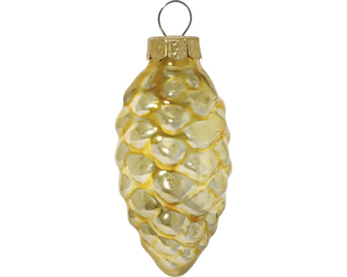 Goldfarbener Christbaumschmuck in Form eines Zapfens aus Glas mit Aufhänger.