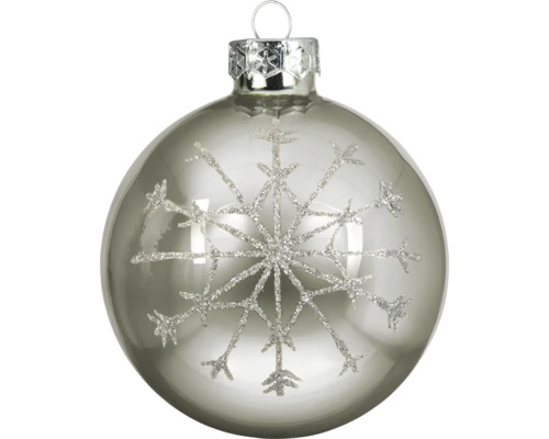 Christbaumkugel aus Glas mit glitzerndem Schneeflocken-Motiv und silberfarbenem Verschluss.