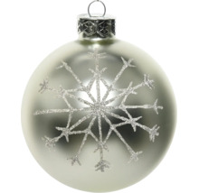 Silberne Christbaumkugel mit glitzerndem Schneeflocken-Motiv und Aufhängeöse.