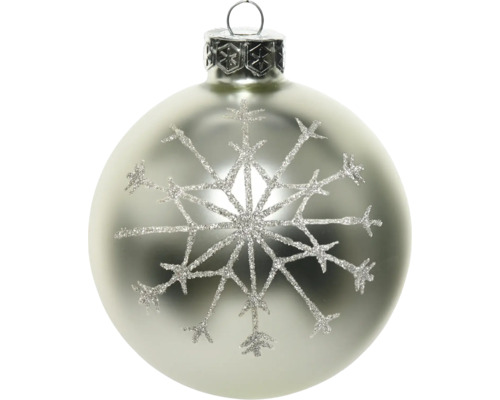 Silberne Christbaumkugel mit glitzerndem Schneeflocken-Motiv und Aufhängeöse.