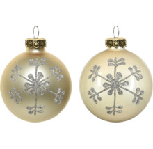 Weihnachtsbaumkugeln aus Glas in Champagner mit silberner glitzernder Schneeflocke und Aufhängeöse.