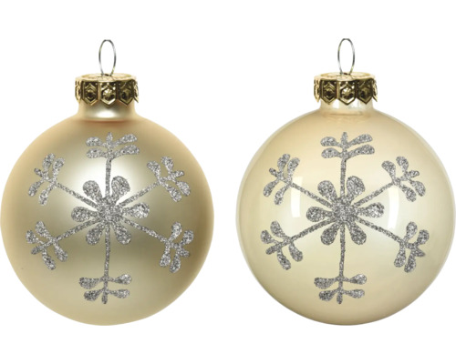 Weihnachtsbaumkugeln aus Glas in Champagner mit silberner glitzernder Schneeflocke und Aufhängeöse.