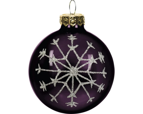Lila Weihnachtskugel aus Glas mit großer silberner Glitzer-Schneeflocke und goldener Kappe.