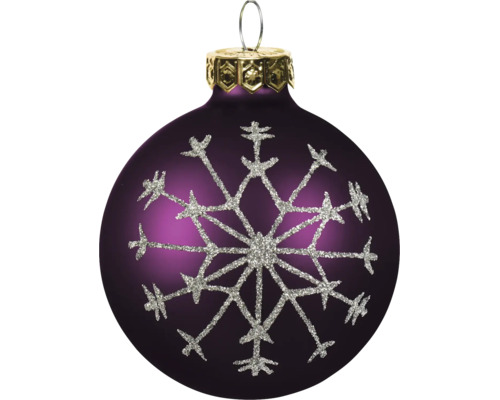Lila Christbaumkugel mit silbernem Glitzer-Schneeflockenmotiv, goldfarbener Kappe und Drahtöse.