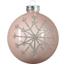 Glänzende Christbaumkugel mit einer silbernen Schneeflocke aus Glitzer.