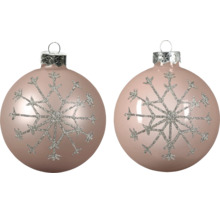 Zwei runde rosa Weihnachtskugeln mit großem Glitzer-Schneeflocken-Motiv und silberner Aufhängung.