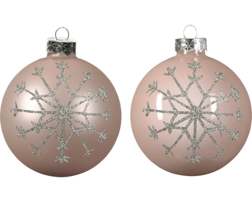 Zwei runde rosa Weihnachtskugeln mit großem Glitzer-Schneeflocken-Motiv und silberner Aufhängung.