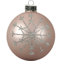 Roséfarbene Christbaumkugel mit silbernem Glitzer-Schneeflocken-Motiv.