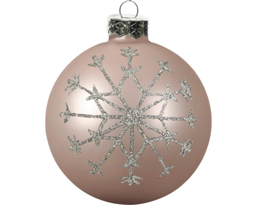Roséfarbene Christbaumkugel mit silbernem Glitzer-Schneeflocken-Motiv.