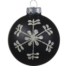 Schwarze Weihnachtskugel mit silberner Schneeflocke aus Glitzer und Aufhängeöse.