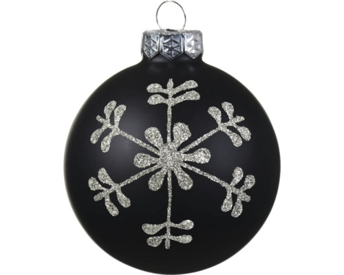 Schwarze Weihnachtskugel mit silberner Schneeflocke aus Glitzer und Aufhängeöse.