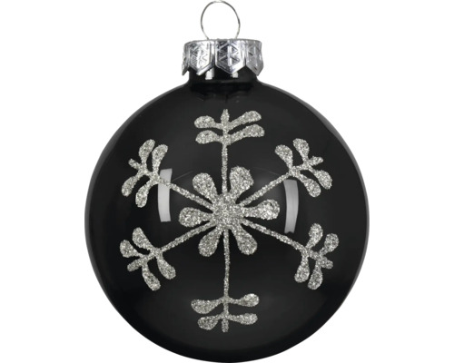 Schwarze Weihnachtskugel aus Glas mit silbernem Glitzer-Schneeflockenmuster und silberner Aufhängeschlaufe.