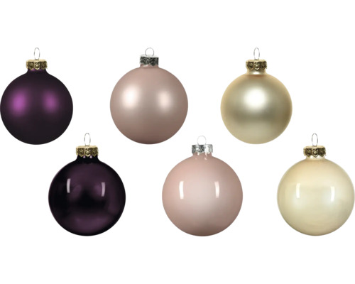 Sechs Weihnachtskugeln in verschiedenen Farben mit matten und glänzenden Oberflächen sowie dekorativen Aufhängern.