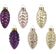 Set mit 6 gläsernen Christbaumkugeln in Zapfenform mit strukturierter Oberfläche und Aufhängeöse.
