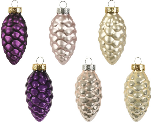 Set mit 6 gläsernen Christbaumkugeln in Zapfenform mit strukturierter Oberfläche und Aufhängeöse.