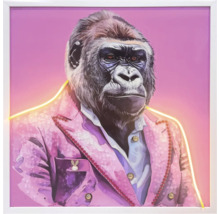 Gerahmtes Wandbild mit Gorilla im Anzug und gelber LED-Leuchtkontur.