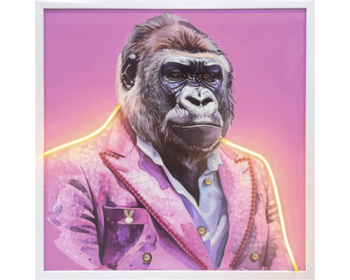 Gerahmtes Wandbild mit Gorilla im Anzug und gelber LED-Leuchtkontur.