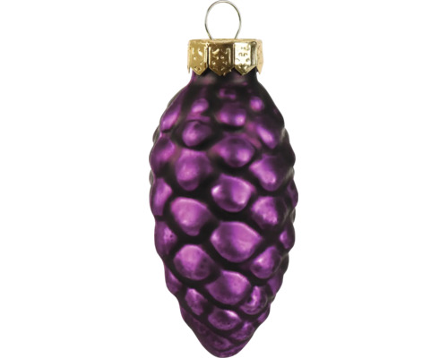 Christbaumschmuck in Form eines Tannenzapfens aus Glas in Violett mit goldener Aufhängung.