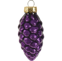 Lila Christbaumschmuck aus Glas in Zapfenform mit goldener Kappe und Aufhängung.