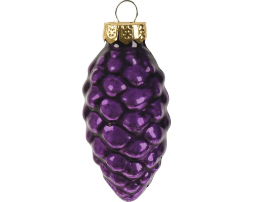 Lila Christbaumschmuck aus Glas in Zapfenform mit goldener Kappe und Aufhängung.