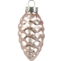 Rosafarbener Christbaumschmuck aus Glas in Zapfenform mit strukturierter Oberfläche und Aufhängeöse.