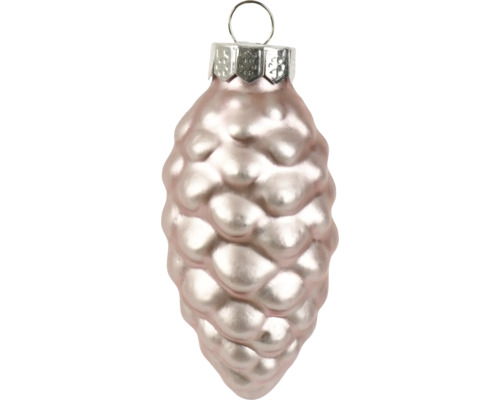 Rosafarbener Christbaumschmuck aus Glas in Zapfenform mit strukturierter Oberfläche und Aufhängeöse.