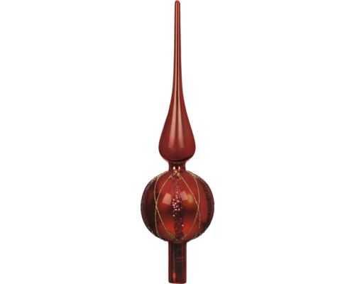 Christbaumspitze aus Glas in Rot mit Glitzer-Verzierungen.