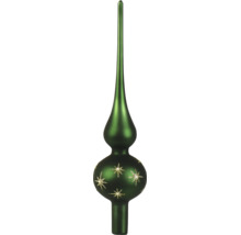 Grüne Christbaumspitze aus Glas mit glitzernden Sternen und matter Oberfläche.