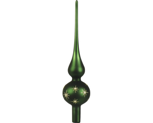 Grüne Christbaumspitze aus Glas mit glitzernden Sternen und matter Oberfläche.