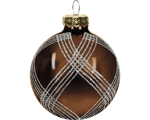 Braune Christbaumkugel aus Glas mit glitzerndem Gittermuster und goldfarbenem Aufhänger.