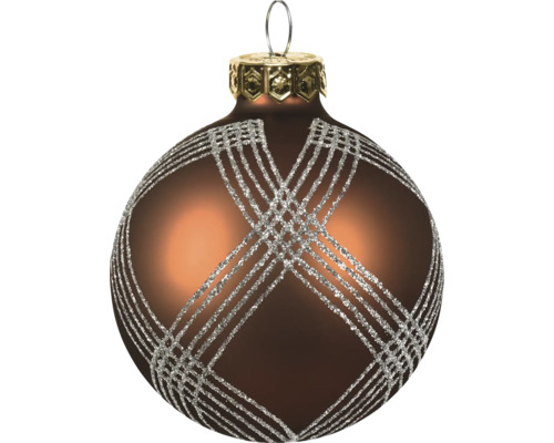 Kupferfarbene Weihnachtskugel mit silbernem Glitzermuster und Aufhängung.