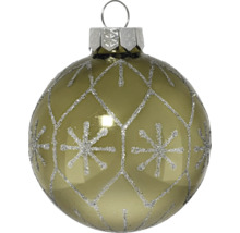 Weihnachtskugel aus Glas, grün glänzend mit silbernem Glitzermuster aus Schneeflocken und Rauten.