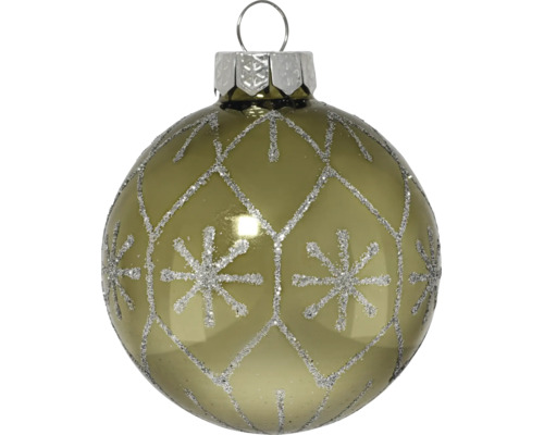 Weihnachtskugel aus Glas, grün glänzend mit silbernem Glitzermuster aus Schneeflocken und Rauten.