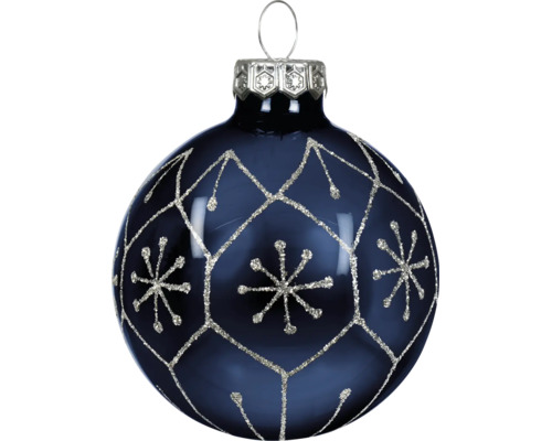 Dunkelblaue Christbaumkugel aus Glas mit silbernem Glitzermuster in geometrischer Form und Schneeflockenmotiven.