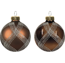 Zwei braune Christbaumkugeln mit silbernem Glitzermuster, eine matt und eine glänzend.