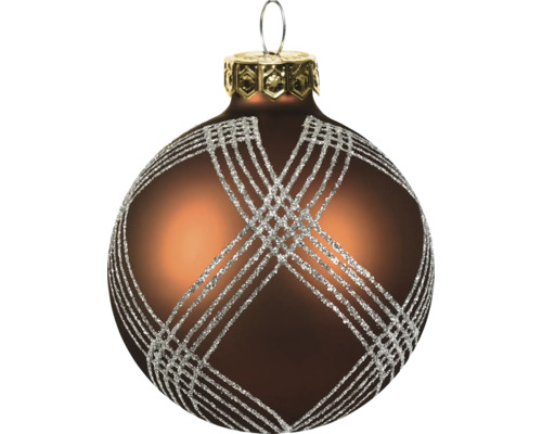 Braune Christbaumkugel aus Glas mit silbernem Rautenmuster aus Glitzer.