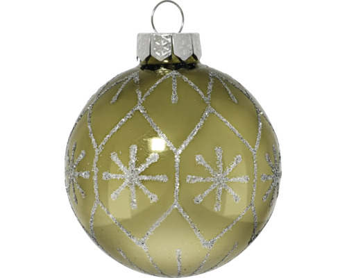 Grüne Weihnachtskugel aus Glas mit silbernem Glitzermuster aus Schneeflocken und Rauten.
