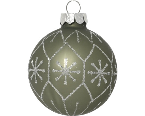 Mattgrüne Weihnachtskugel mit silbernem Glitzermuster aus Schneeflocken und Rauten.