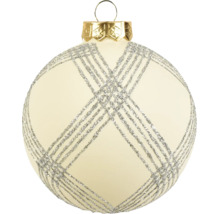 Cremefarbene Weihnachtskugel mit silbernem Glitzer-Gittermuster und goldener Aufhängung.