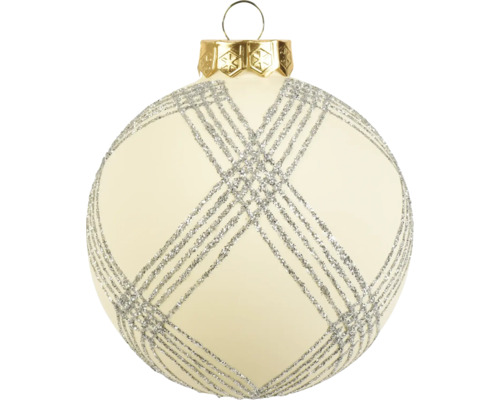 Cremefarbene Weihnachtskugel mit silbernem Glitzer-Gittermuster und goldener Aufhängung.