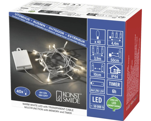 Konstsmide LED-Lichterkette für den Außenbereich, warmweiß, 40 Leuchtdioden, transparentes Kabel, Batteriebetrieb mit Zeitschaltuhr.