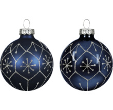 Zwei dunkelblaue Christbaumkugeln aus Glas mit silbernem Glitzermuster aus Sternen und geometrischen Linien.